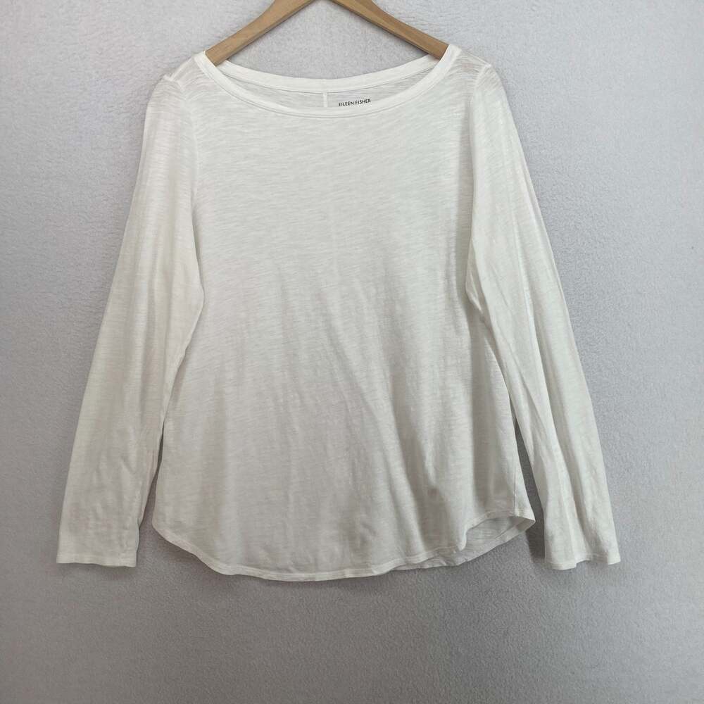 EILEEN FISHER Top S Slub Organic Cotton Jersey Boat Neck Long Sleeve White